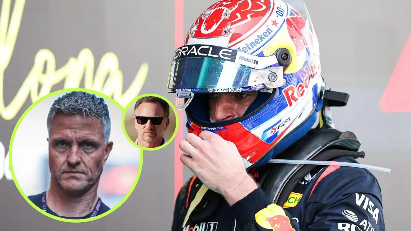 c-132 Max Verstappen with his helmet on after the 2025 Spanish Grand Prix, with Ralf Schumacher in a circle and Christian Horner in a smaller circle to his left