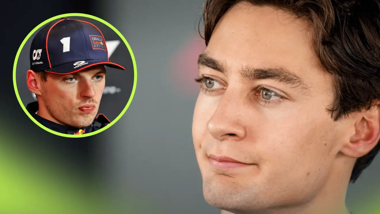c-156 A close-up shot of George Russell with an inset of Max Verstappen alongside him