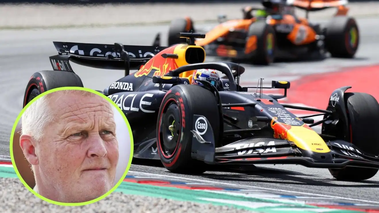 c-213 Max Verstappen ahead of Lando Norris at the 2025 Spanish Grand Prix, with Johnny Herbert in a circle bottom left