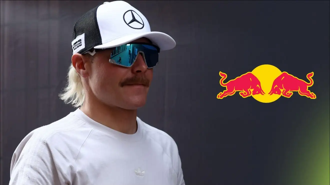 c-257 Mercedes reserve Valtteri Bottas pictured at the 2025 Monaco Grand Prix, with a Red Bull badge to his right