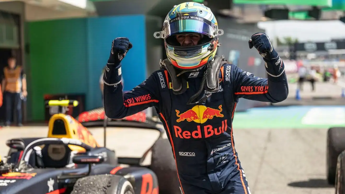 c-266 Arvid Lindblad celebrates during the Spanish round of the F2 Championship.