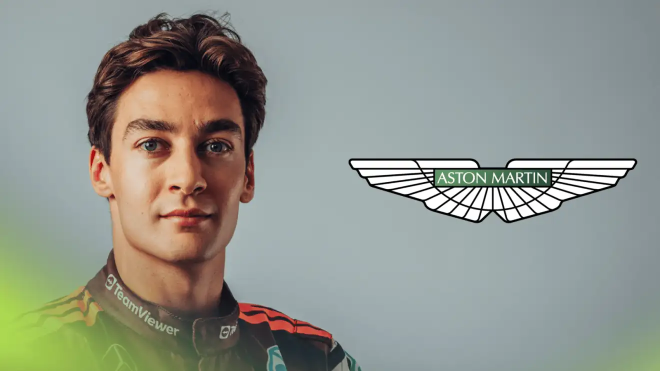 c-332 A studio shot of George Russell with a prominent Aston Martin logo alongside him