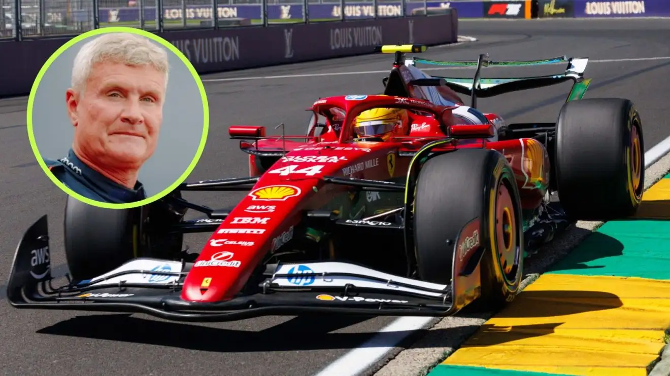 c-338 Lewis Hamilton on track for Ferrari at the 2025 Australian Grand Prix, with David Coulthard in a circle top left