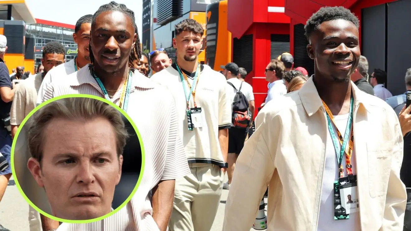 c-34 Bukayo Saka in the 2025 Spanish Grand Prix paddock with his England team-mates, and Nico Rosberg in a circle bottom left