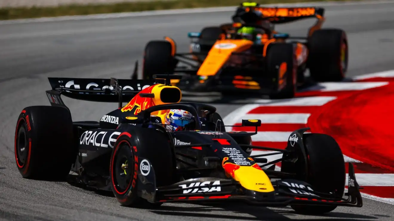 c-344 Max Verstappen leads McLaren's Lando Norris on track during the Spanish Grand Prix.