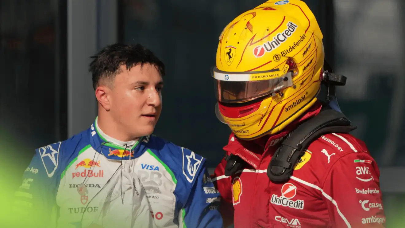 c-353 Isack Hadjar and Lewis Hamilton pictured together in parc ferme after qualifying in China