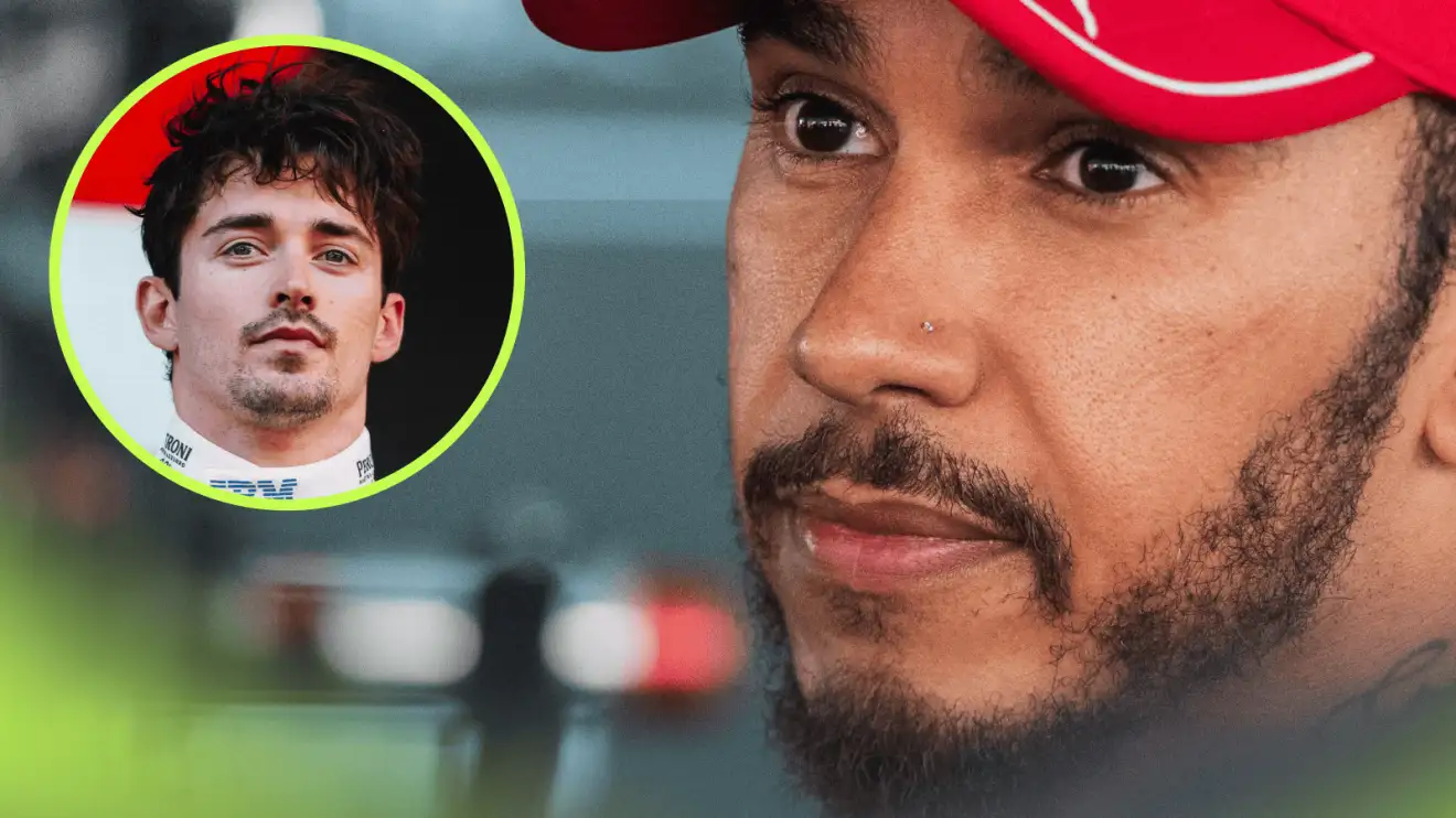 c-372 A close-up shot of Lewis Hamilton with an inset of Charles Leclerc on the podium
