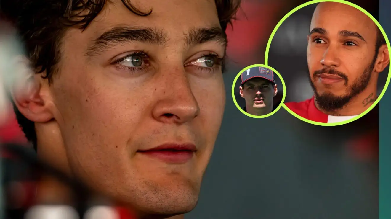c-4 George Russell, Max Verstappen and Lewis Hamilton
