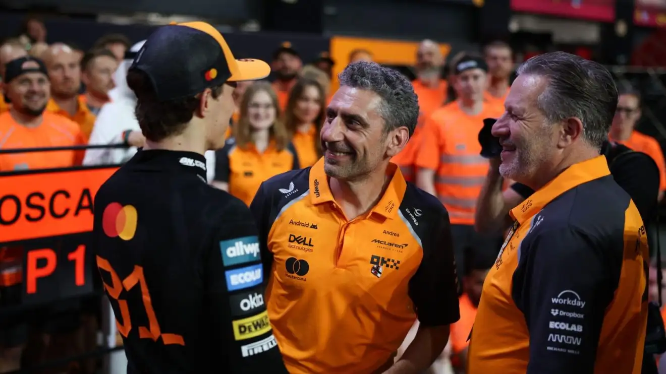 c-420 McLaren's Oscar Piastri, team principal Andrea Stella, and CEO Zak Brown after the Saudi Arabian Grand Prix.