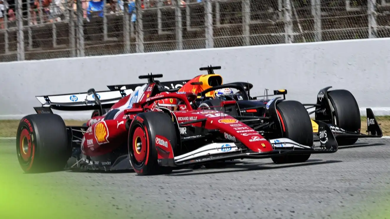 c-46 Max Verstappen and Charles Leclerc battle at the 2025 Spanish Grand Prix