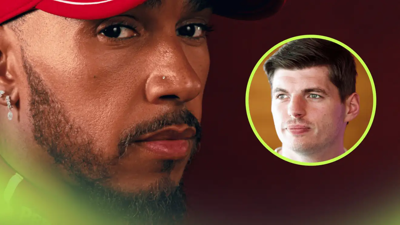 c-468 A close-up shot of Lewis Hamilton with an inset of Max Verstappen