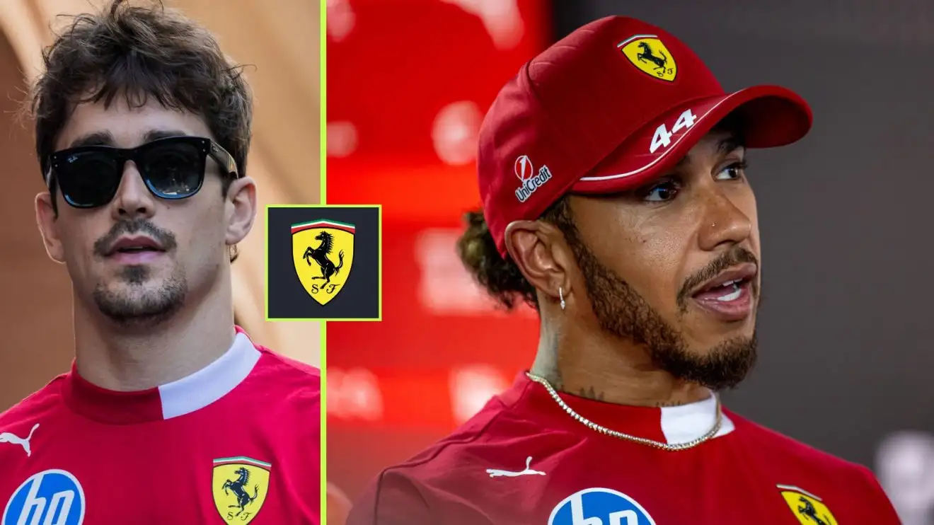 c-474 Charles Leclerc in the smaller segment left of screen, with Ferrari team-mate Lewis Hamilton on the right, with a Ferrari badge between them
