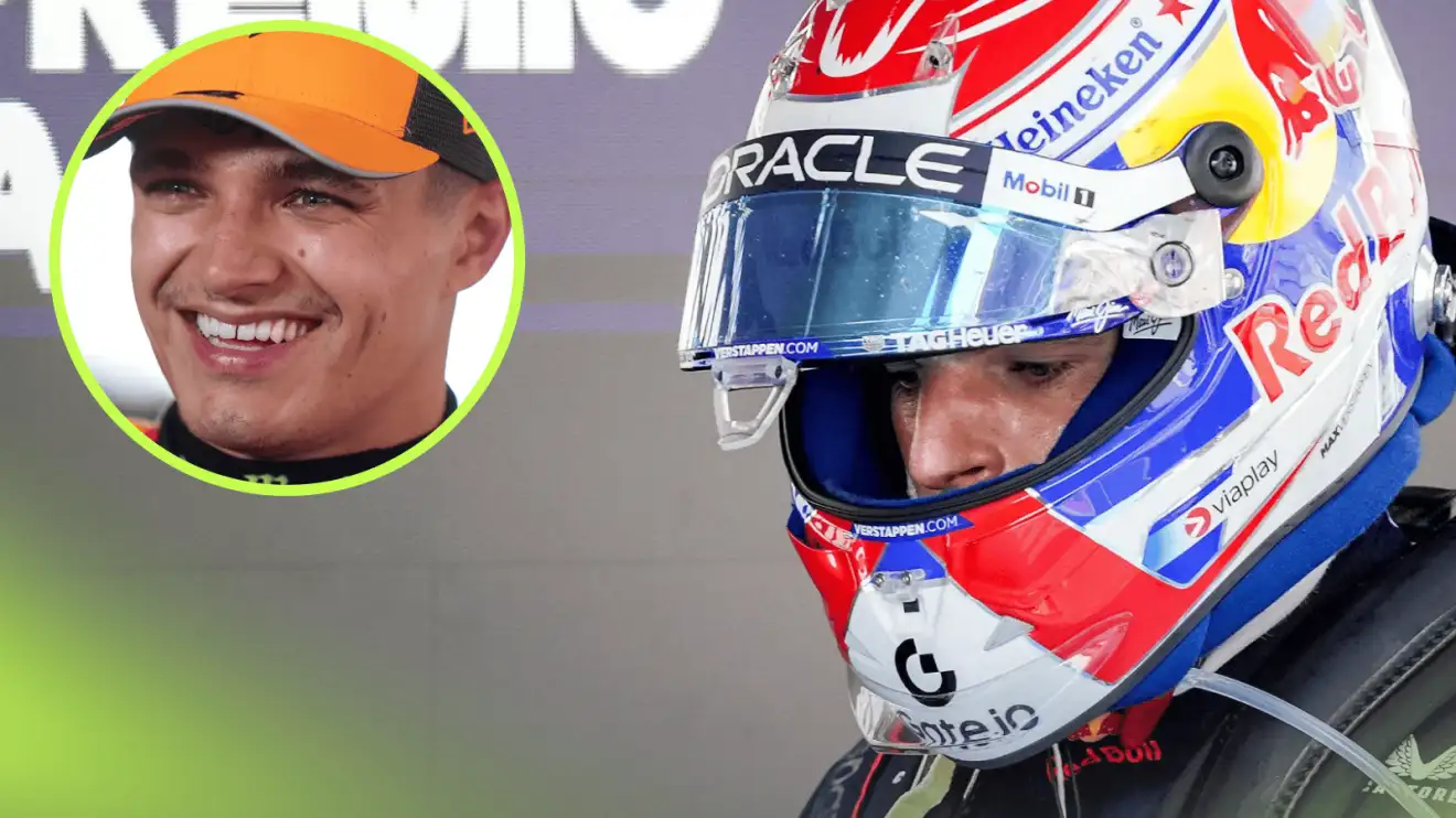 c-49 Max Verstappen looks angry with his visor open with an inset of Lando Norris laughing
