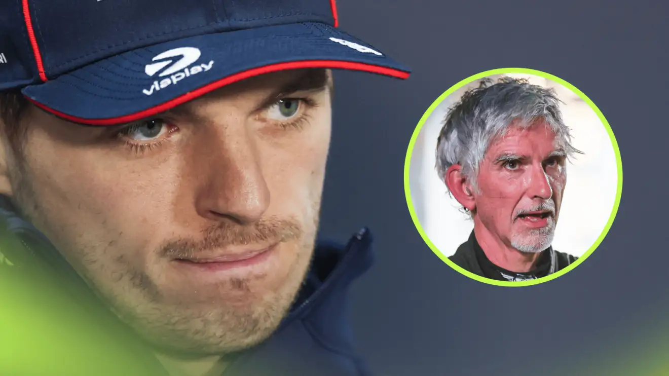 c-492 Max Verstappen bites his lip in a press conference with an inset of Damon Hill alongside him