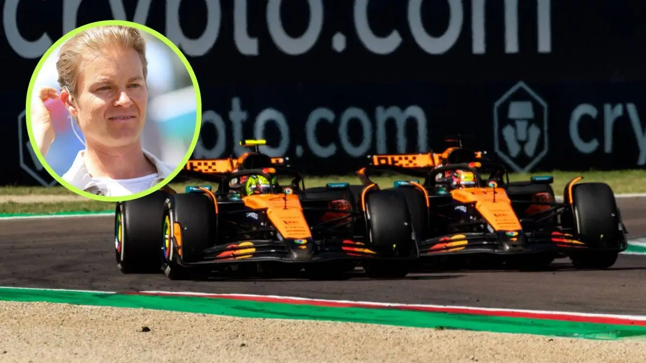 c-528 McLaren's Lando Norris and Oscar Piastri battle in the 2025 Emilia Romagna Grand Prix.