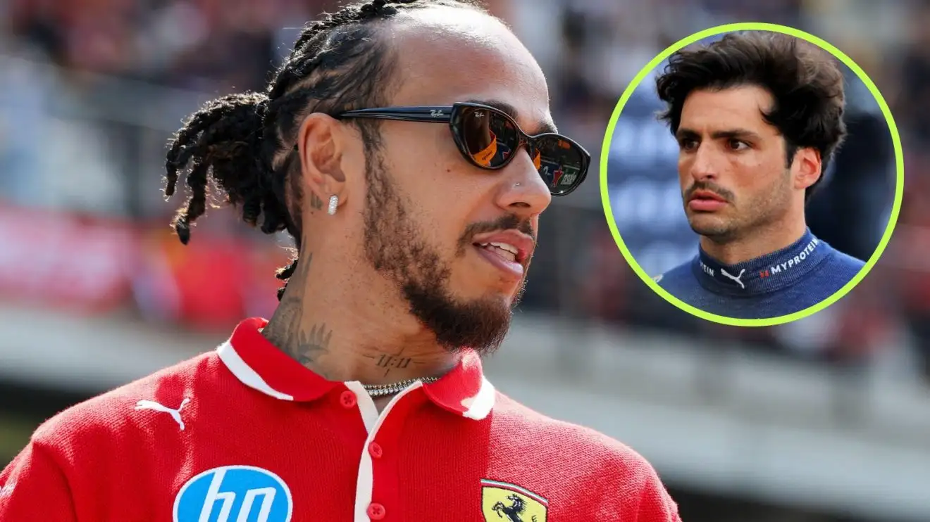 c-557 Lewis Hamilton, Ferrari, looks towards where Carlos Sainz, Williams, appears in a circle