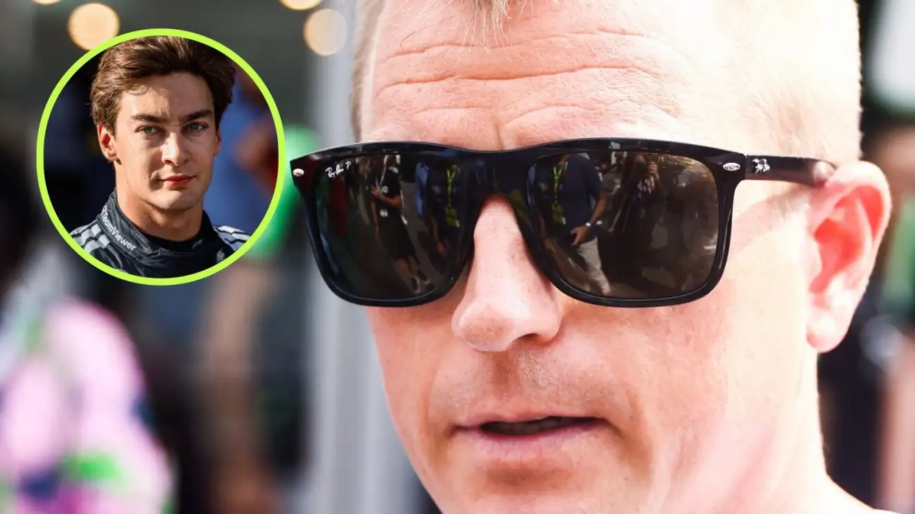 c-563 Kimi Raikkonen pictured at the 2024 Italian Grand Prix, with George Russell in a circle top left