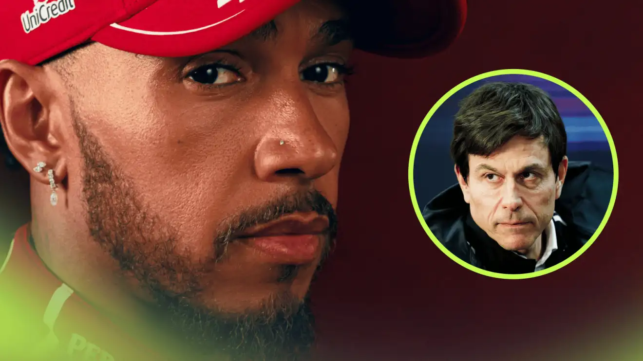 c-620 Lewis Hamilton poses wearing a Ferrari cap with an inset of Toto Wolff