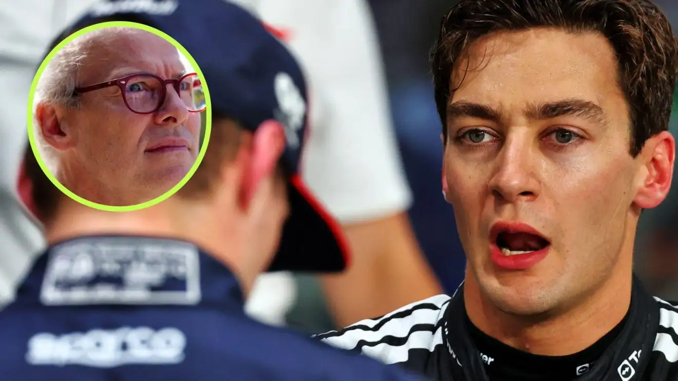 c-629 Max Verstappen and George Russell pictured at the 2025 Saudi Arabian GP, with Jacques Villeneuve in a circle top left