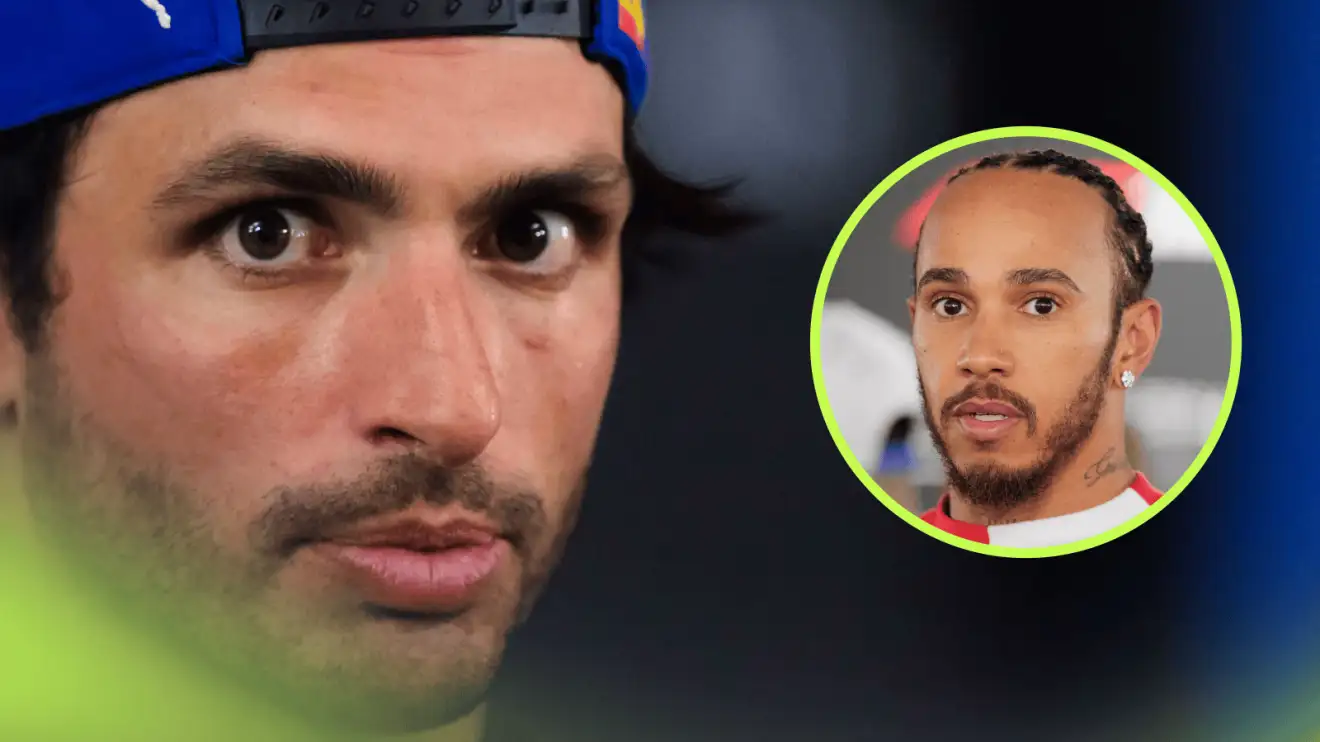 c-650 A close-up shot of Carlos Sainz with an inset of Lewis Hamilton