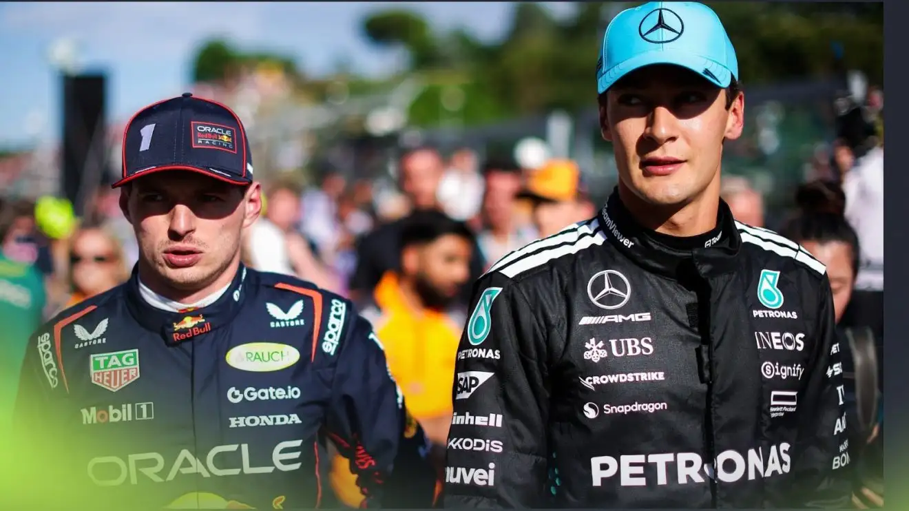 c-781 Max Verstappen, left, and George Russell, right, pictured at the 2025 Emilia Romagna Grand Prix