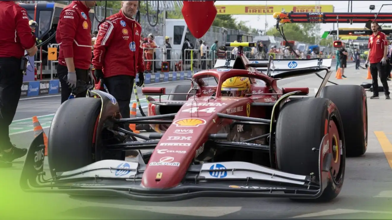 c-799 Lewis Hamilton stops in the Ferrari pit box at the 2025 Canadian Grand Prix