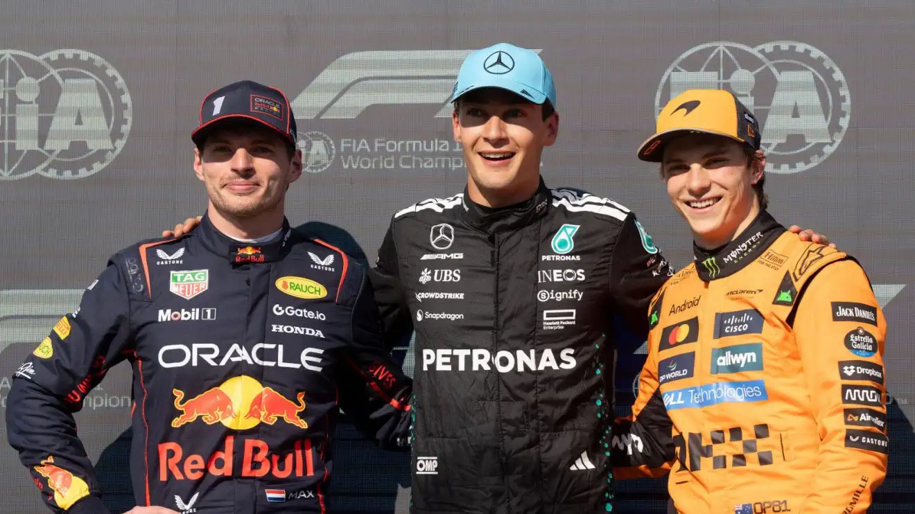 c-808 Max Verstappen, George Russell and Oscar Piastri line up after qualifying