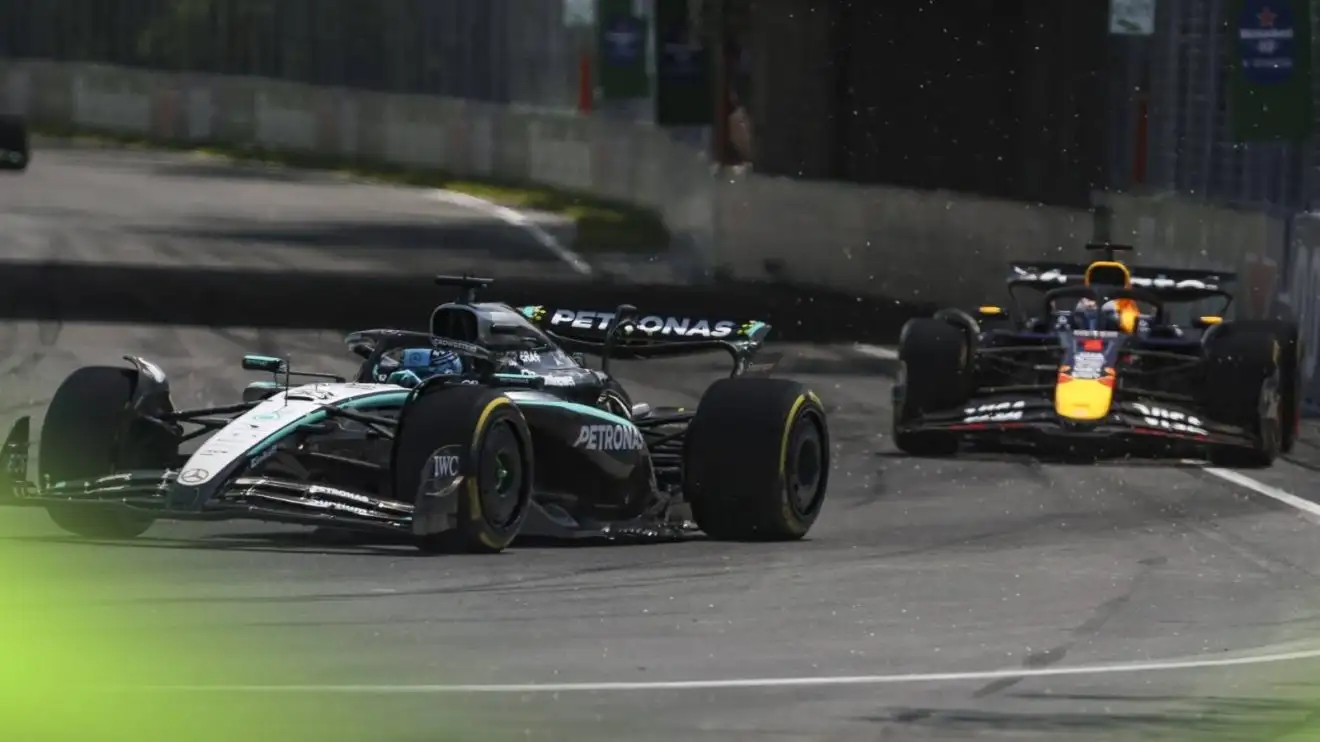 c-850 Mercedes' George Russell and Max Verstappen battle in the 2025 Canadian Grand Prix.