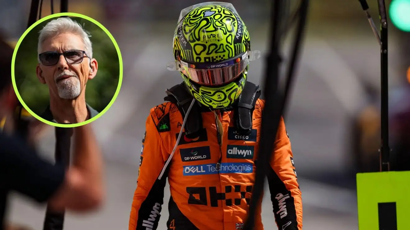 c-871 Lando Norris walks back to the McLaren garage with his helmet on at the 2025 Canadian Grand Prix, with Damon Hill in a circle top left