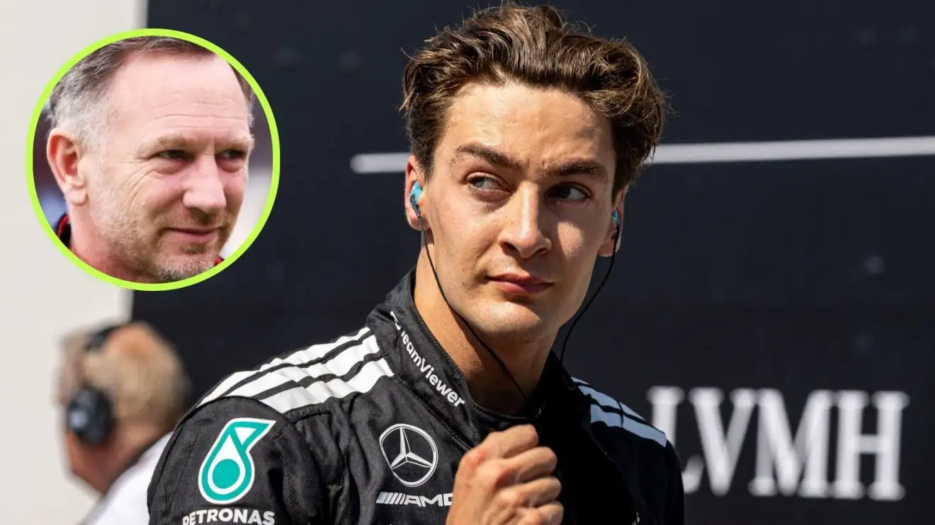 c-877 Mercedes' George Russell pictured after the 2025 Canadian Grand Prix, as Red Bull boss Christian Horner looks his way from a circle on the left