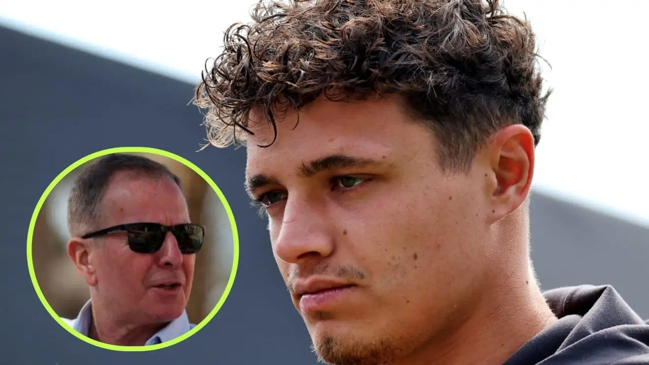 c-889 Lando Norris serious at the 2025 Canadian Grand Prix, looking towards Martin Brundle in a circle bottom left