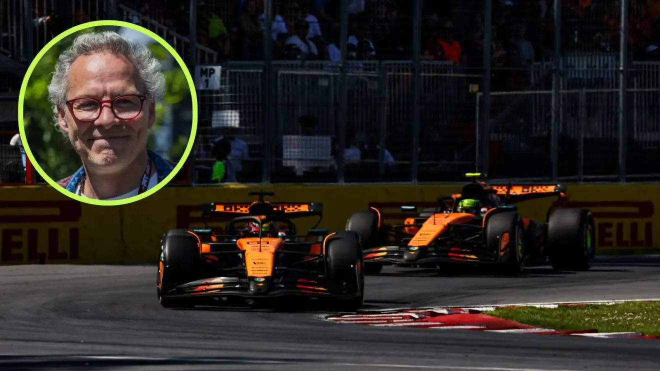 c-895 McLaren's Lando Norris and Oscar Piastri battle in the 2025 Canadian Grand Prix.