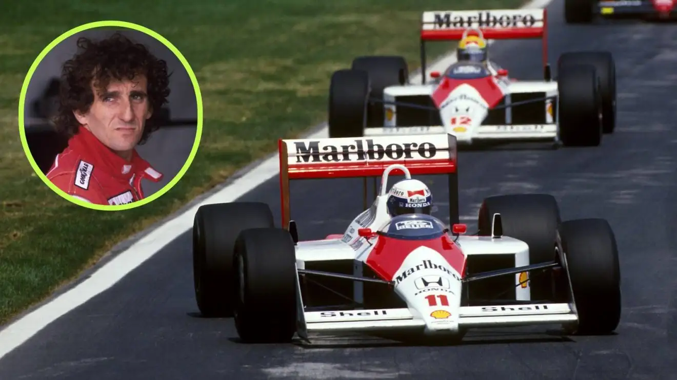 c-898 Alain Prost and Ayrton Senna racing their McLaren MP4/4 cars.
