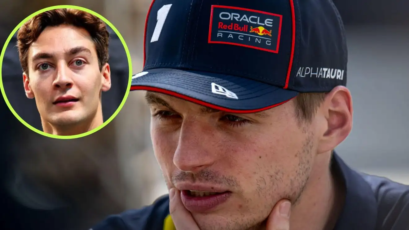 c-919 Max Verstappen in thought, with George Russell in a circle top left