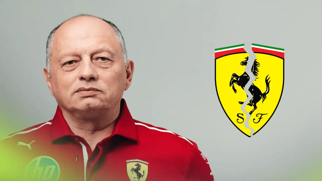 c-955 A studio shot of Fred Vasseur with a cracked Ferrari logo alongside him