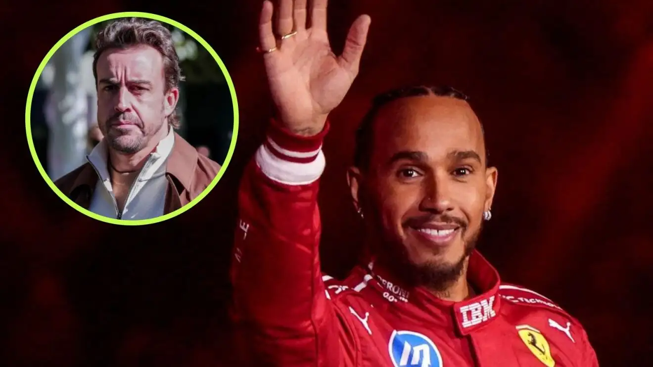 c-973 Lewis Hamilton, in his Ferrari race suit, waves to the crowd, with Fernando Alonso in a circle top left