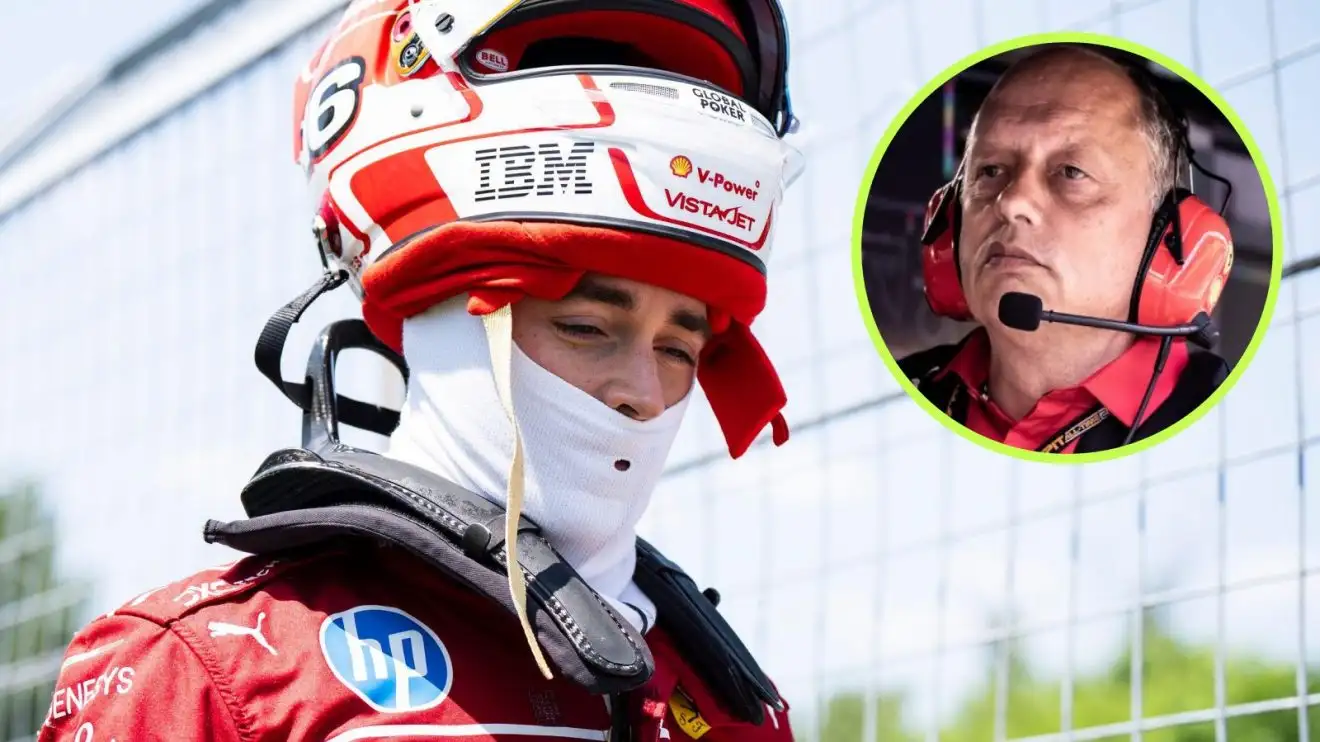 c-979 Charles Leclerc with his helmet on top of his head at the 2025 Canadian Grand Prix, as his Ferrari boss Fred Vasseur looks his way from a top right circle