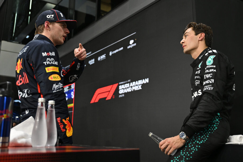 gettyimages-2211026169-1024x683-1 Red Bull driver Max Verstappen speaks to George Russell of Mercedes after qualifying for the 2025 F1 Saudi Arabian Grand Prix