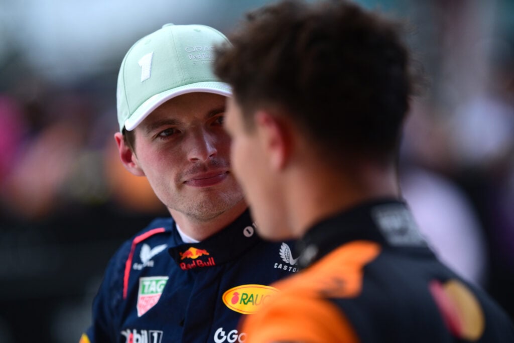 gettyimages-2213255388-1024x683-1 Red Bull driver Max Verstappen and Lando Norris of McLaren after an F1 session