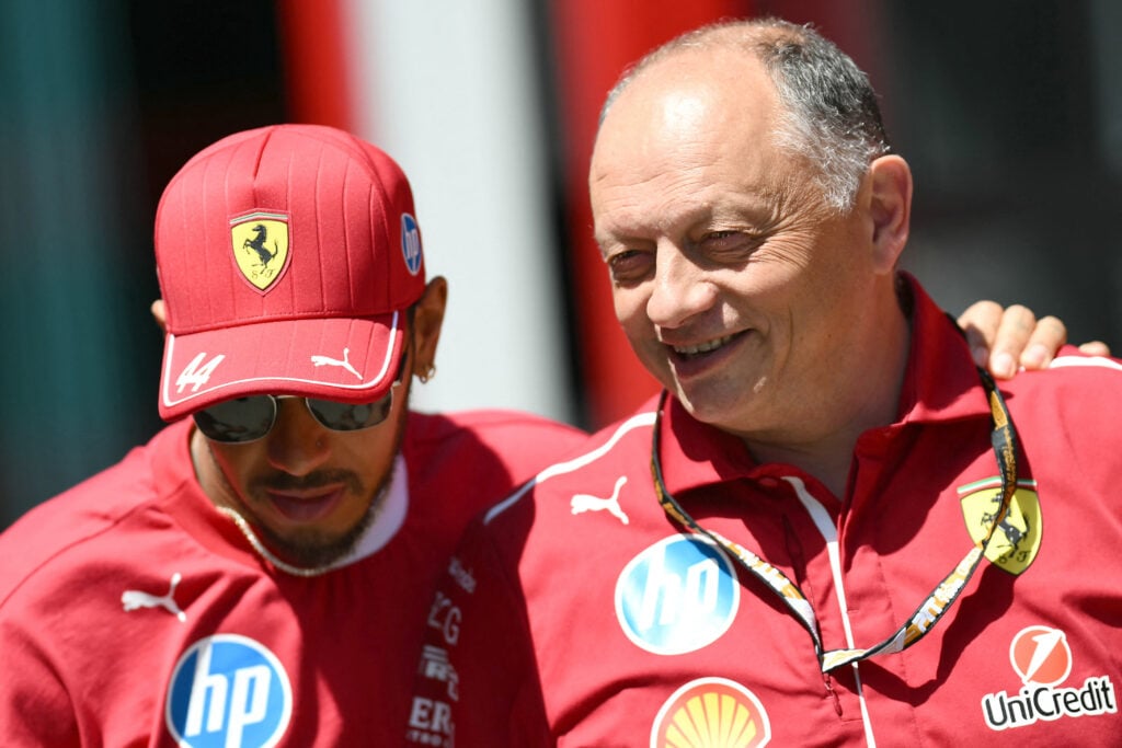 gettyimages-2214740533-1024x683-1 Ferrari driver Lewis Hamilton with his hand on the should of team principal Fred Vasseur at the Emila Romagna Grand Prix