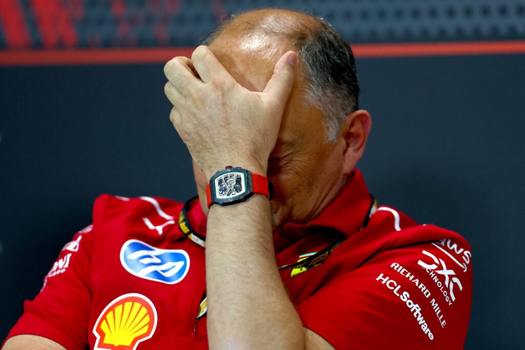 gettyimages-2215425421-1024x683-1 Ferrari team principal Fred Vasseur in a press conference at the 2025 F1 Emilia Romagna Grand Prix at Imola