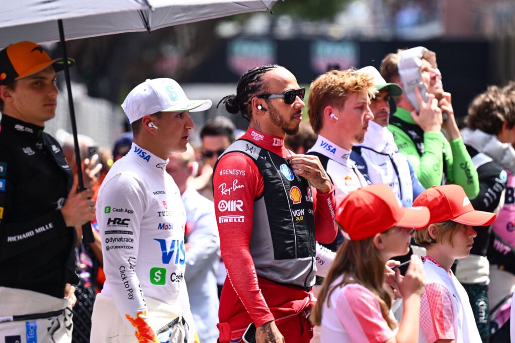 gettyimages-2216992519-1024x683-1 Isack Hadjar of Racing Bulls and Lewis Hamilton of Ferrari before an F1 race