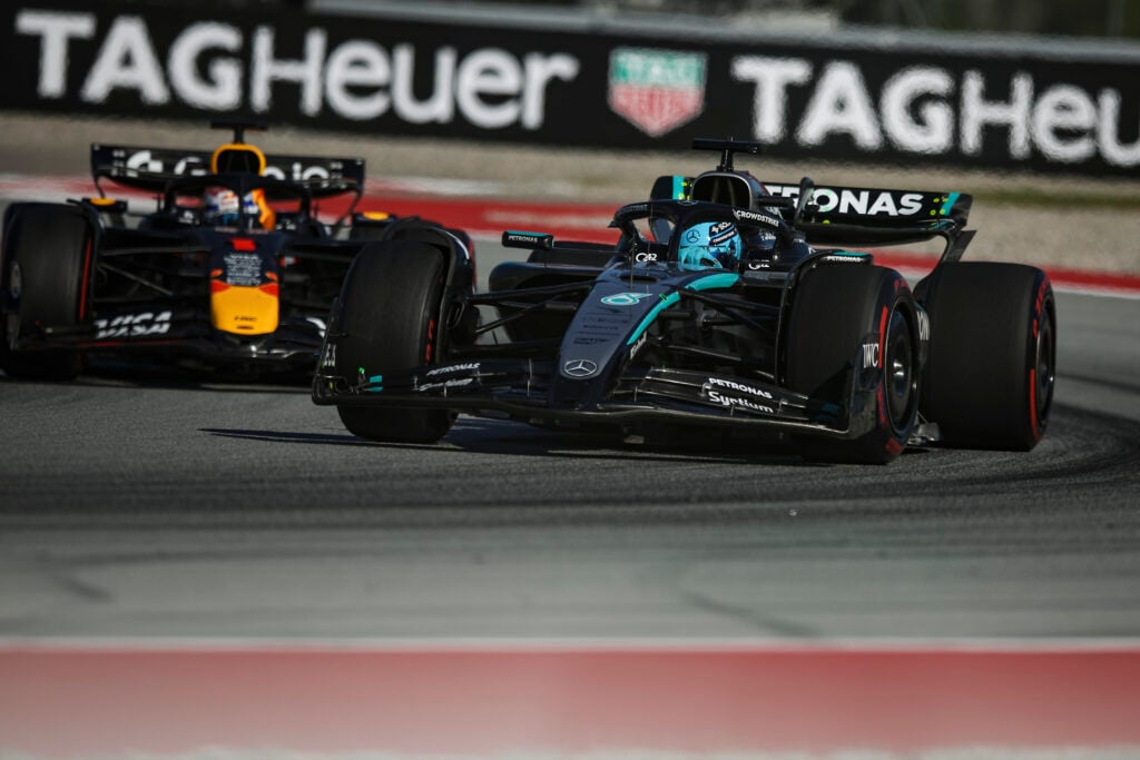 gettyimages-2217146648-2-1024x683-1 Mercedes driver George Russell and Red Bull Racing driver Max Verstappen on track at the Spanish Grand Prix