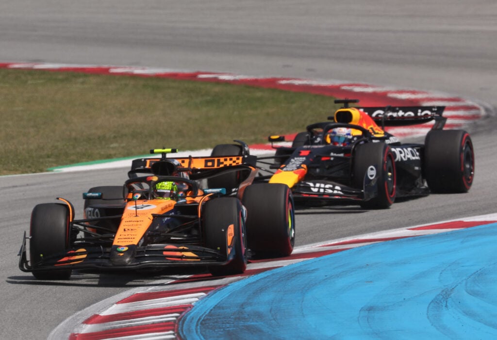 Max Verstappen of Red Bull chases Lando Norris of McLaren
