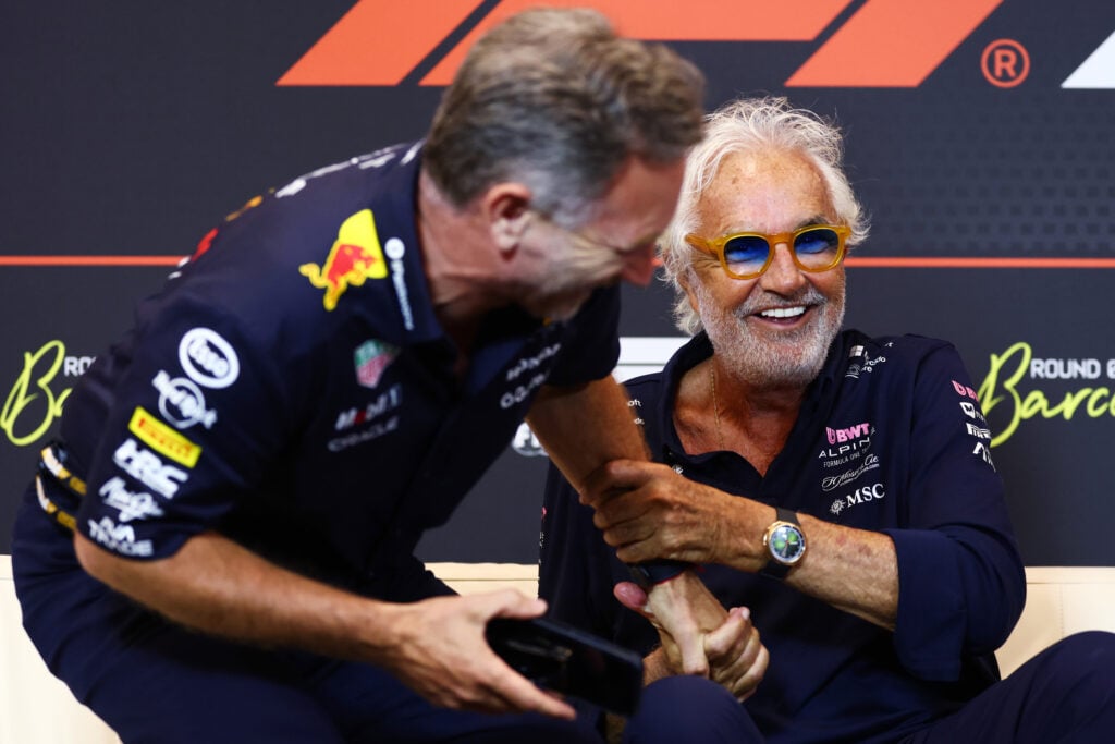Red Bull team principal Christian Horner in the 2025 F1 Spanish Grand Prix press conference with Alpine executive adviser Flavio Briatore