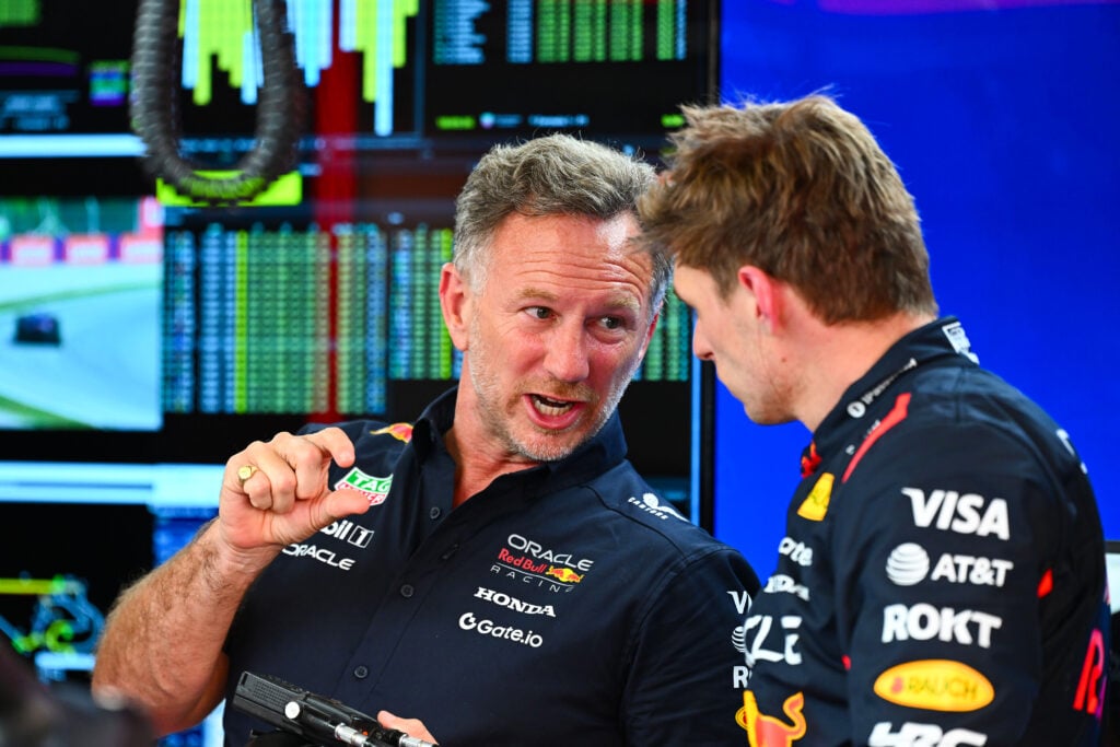 gettyimages-2217846269-1-1024x683-1 Red Bull team principal Christian Horner in the garage with Max Verstappen during practice for the 2025 F1 Spanish Grand Prix