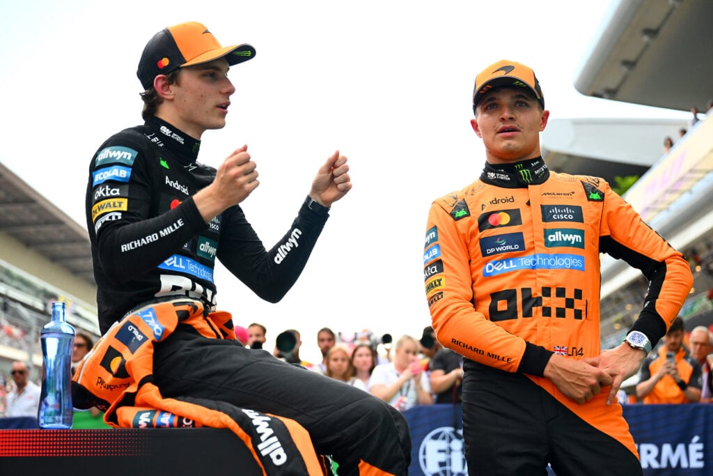 gettyimages-2217967914-1024x683-1 Lando Norris and Oscar Piastri of McLaren speak in parc ferme