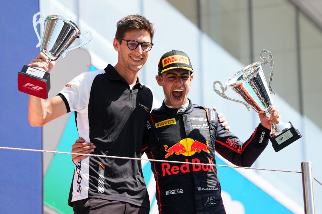 gettyimages-2218064019-1024x683-1 Red Bull junior driver Arvid Lindblad celebrates winning the 2025 F2 Feature Race at the Spanish Grand Prix