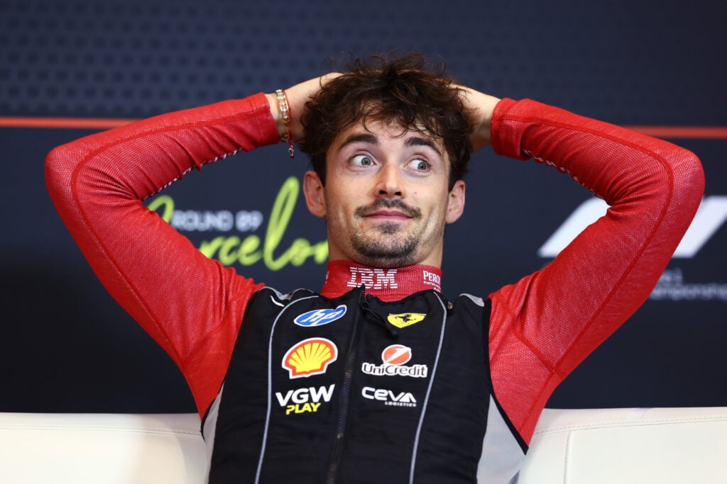 gettyimages-2218110008-1024x683-1 Ferrari driver Charles Leclerc reacts to his P3 in the 2025 F1 Spanish Grand Prix during the post-race press conference