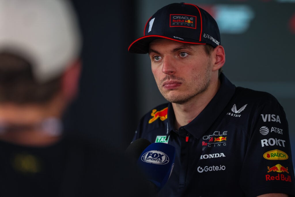 Red Bull Racing driver Max Verstappen talking to the media after the 2025 Spanish Grand Prix